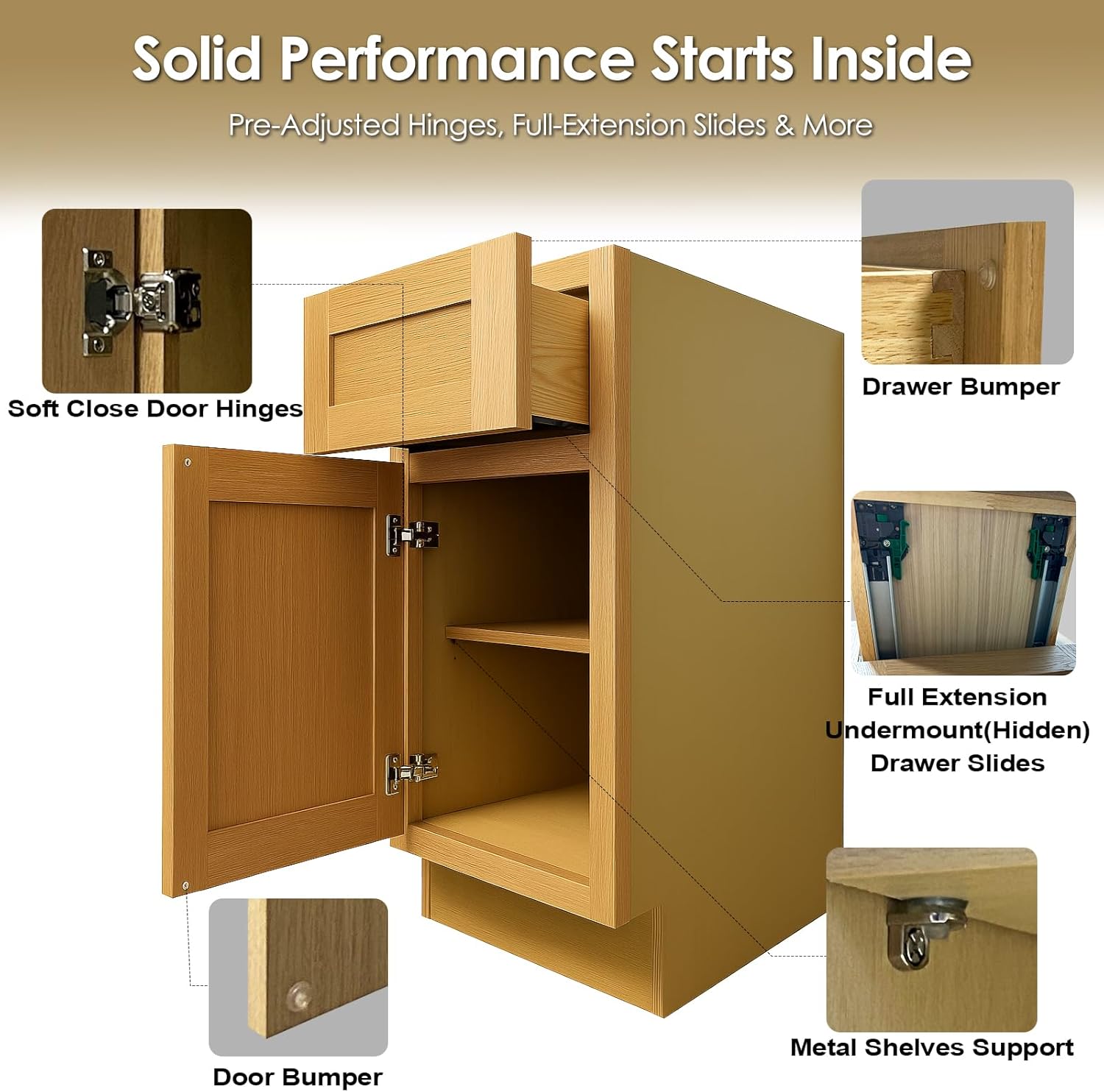 18" Base Cabinet with Drawer, Shaker Cabinet Doors, Soft Close Door and Adjustable Shelf, Painted, Unassembled, RTA for Kitchen, Laundry Room (White Oak and MDF Door, 18"W X 34 1/2"H X 24"D)