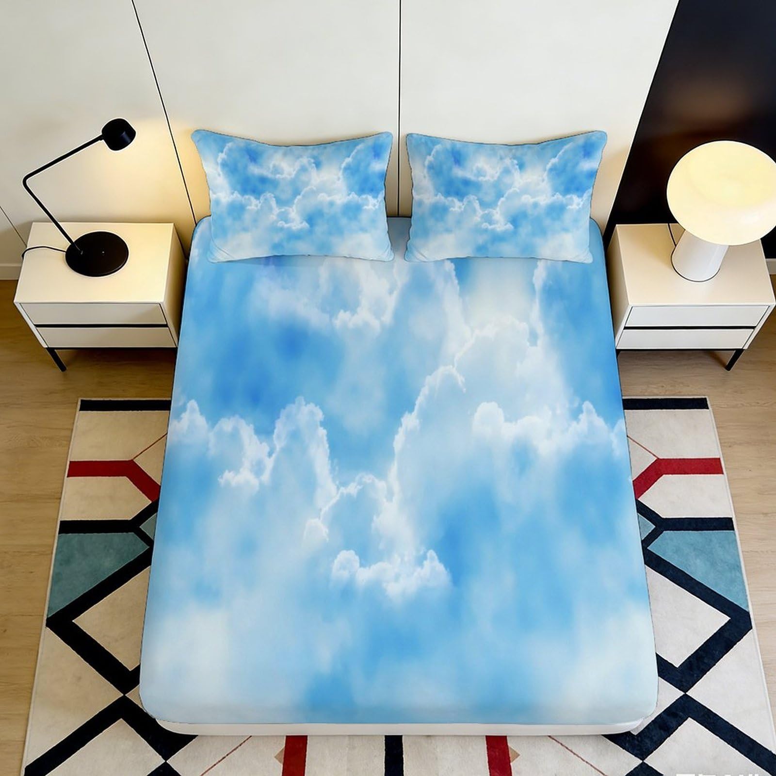 3D Printed Blue Sky Clouds Fitted Sheet Microfiber Soft Bed Cover Dreamy Sky Mattress Cover for Bedroom Home Decor 160x200x25cm