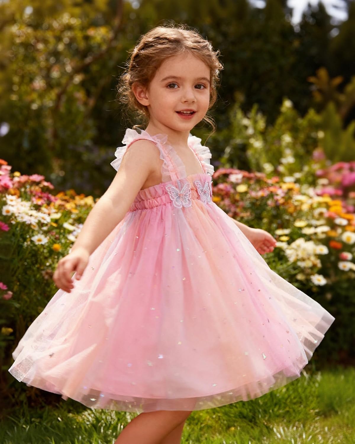 YALLET Toddler Dress Ruffle Sleeveless First Birthday Dresses Flower Embroidery Smash Cake Outfit with Butterfly Ribbon - Image 3