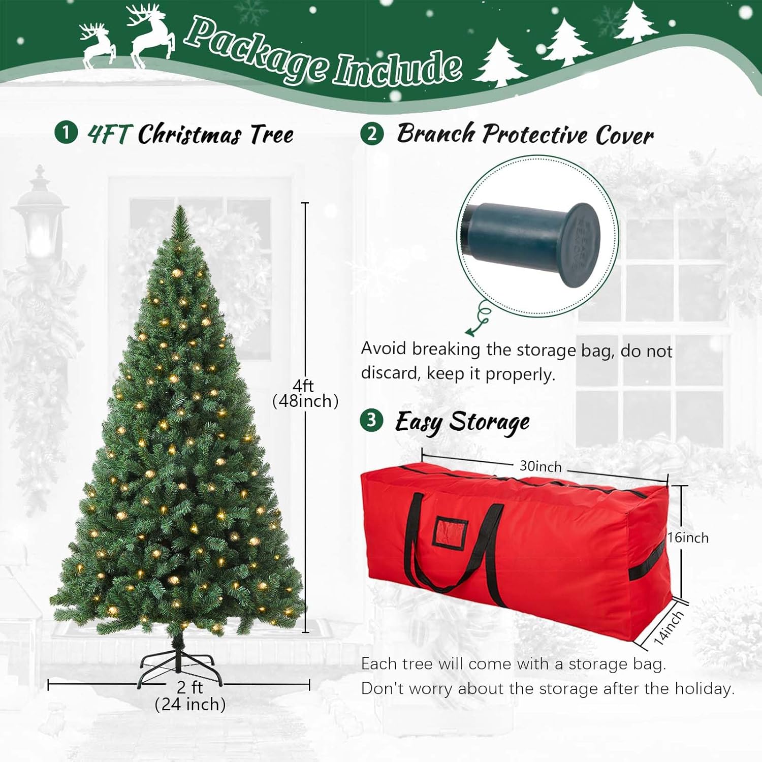 4ft Green Prelit Artificial Christmas Tree, Arbol de Navidad Premium Spruce Xmas Tree with 450 Branch Tips, 150 Warm Lights, Foldable Metal Base Stand