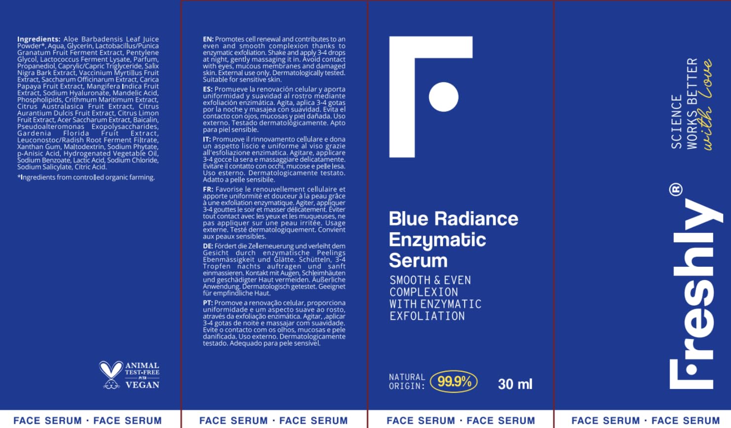 Freshly - Sérum Facial Exfoliante Ácido Mandélico, 15 ml - Blue Radiance Enzymatic Serum - Elimina Puntos Negros y Células Muertas