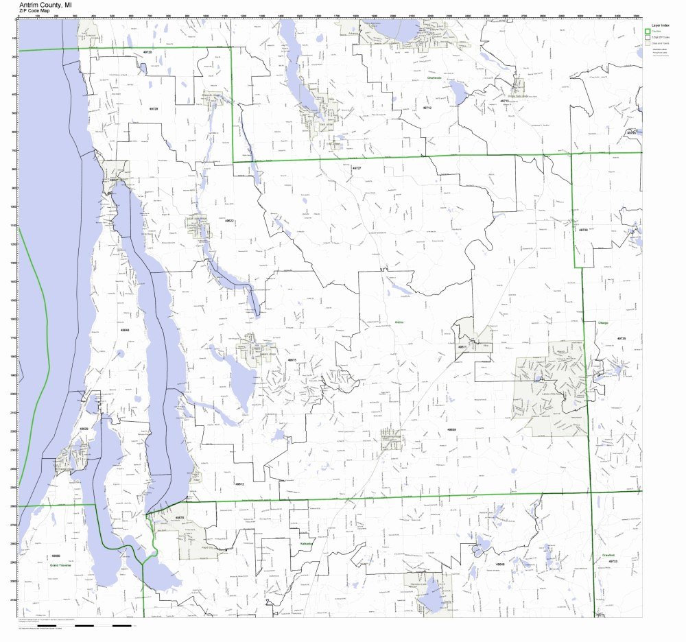 Antrim County, Michigan MI ZIP Code Map Not Laminated