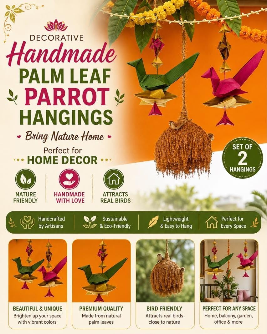 Handmade Palm Leaf Parrots - Set of 2 -4