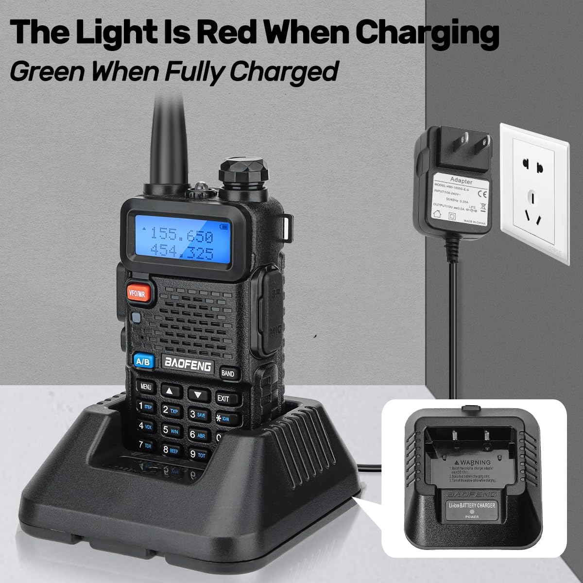 Baofeng UV-5R BF-F8HP Charger Base Kit, 100V-240V AC Wall Charger with US Adapter & USB Charging Cable, Replacement Charging Accessories for Baofeng UV-5R Series Ham Two-Way Radio Walkie Talkie image 3