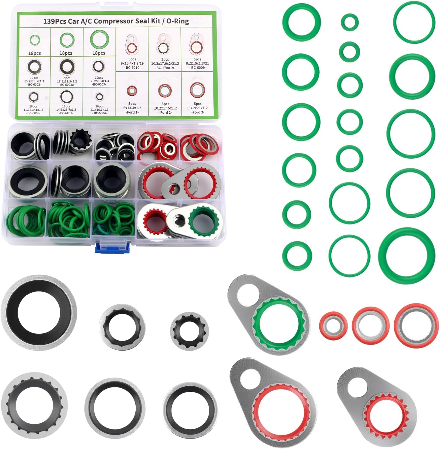 139PCS O Ring Assortment Kit,Multi-Size AC O Ring Kit Replacement Includes 85PCS AC Washers & 54PCS Rubber Gaskets,Universal ACS Seal Kits Car Accessories for ACS Systems