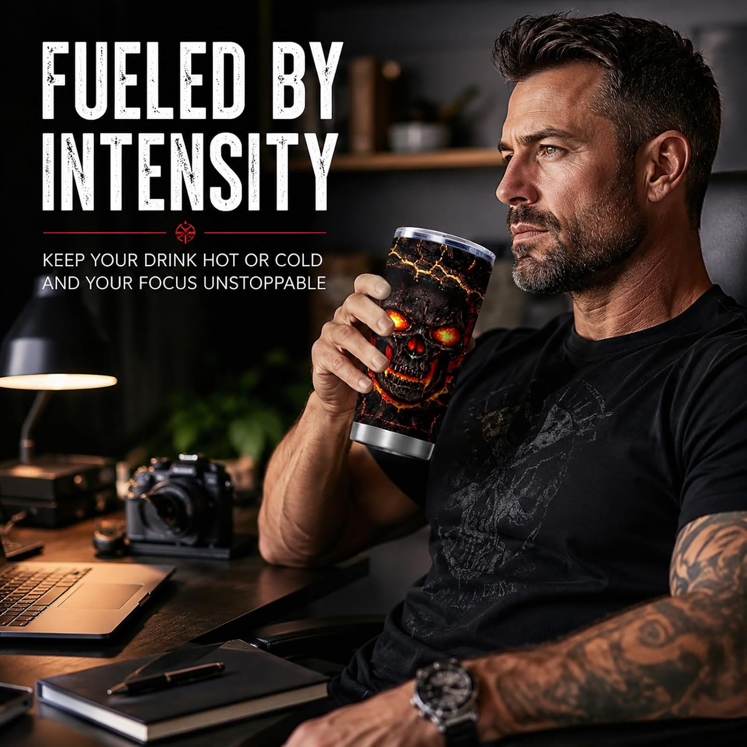 Funny Skull Halloween Tumbler, 20oz Fiery Coffee Cup for Men image 3