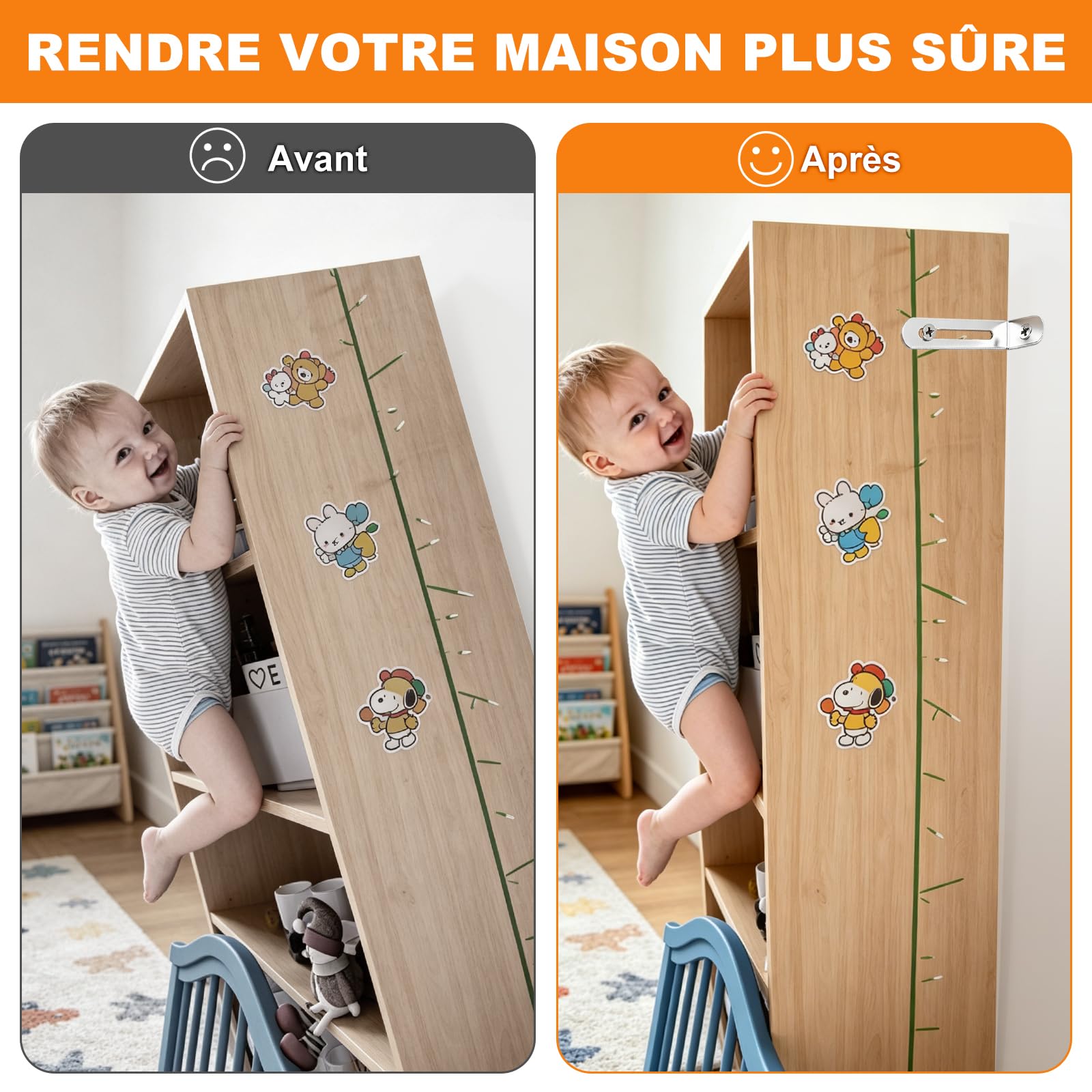 Kit Anti-Basculement Meuble, 12 Ancrages de Sécurité pour Armoires, Penderies, Argent