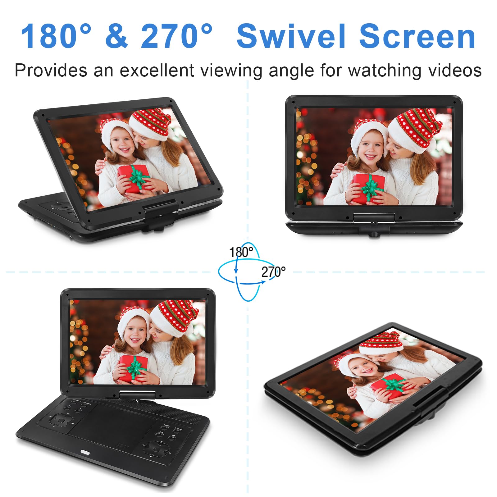 HOPYOP Lettore DVD portatile da 17 pollici con schermo HD 14.1, batteria ricaricabile da 5 a 6 ore, supporta più formati di dischi, scheda SD, USB, sincronizzazione TV, doppio altoparlante ad alto