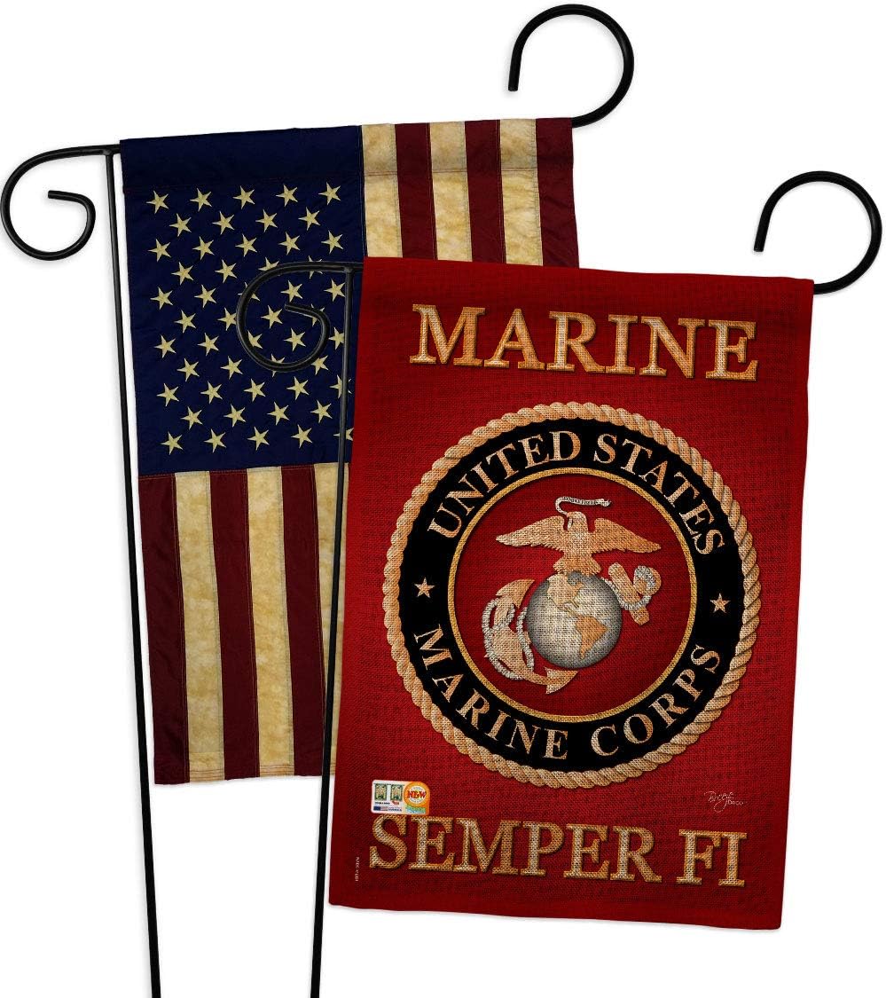Marine Corps Burlap Garden Flag - Pack Armed Forces USMC Semper Fi United State American Military Veteran Retire Official USA Vintage Applique - House Banner Small Yard Gift Double-Sided 13 X 18.5