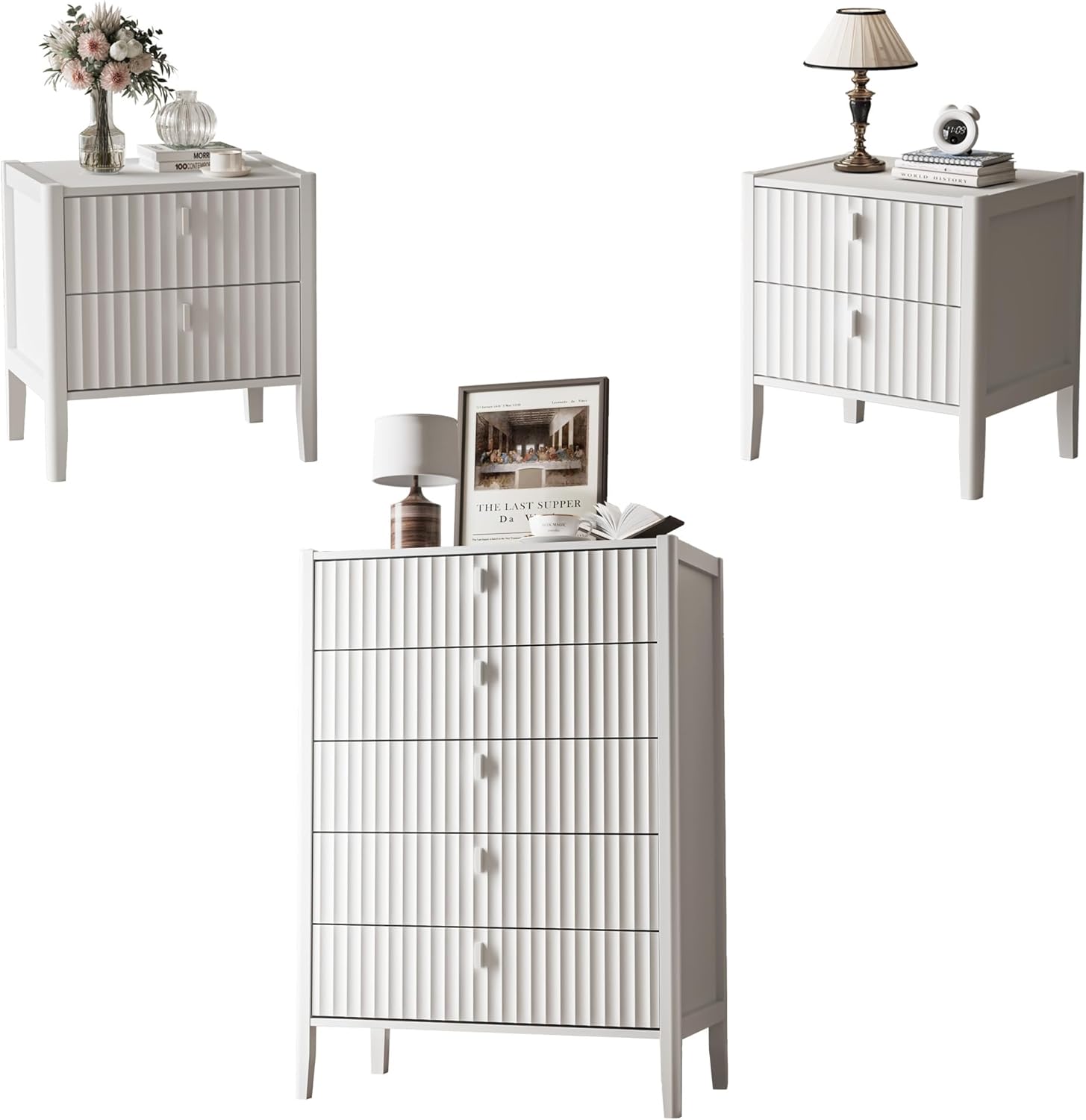 3-Piece Dresser Bedroom Set, 5 Drawer Dresser & 2 Drawer Nightstands with Metal Handles, Fluted Wood Chest of Drawers for Bedroom, Living Room, Entryway, White