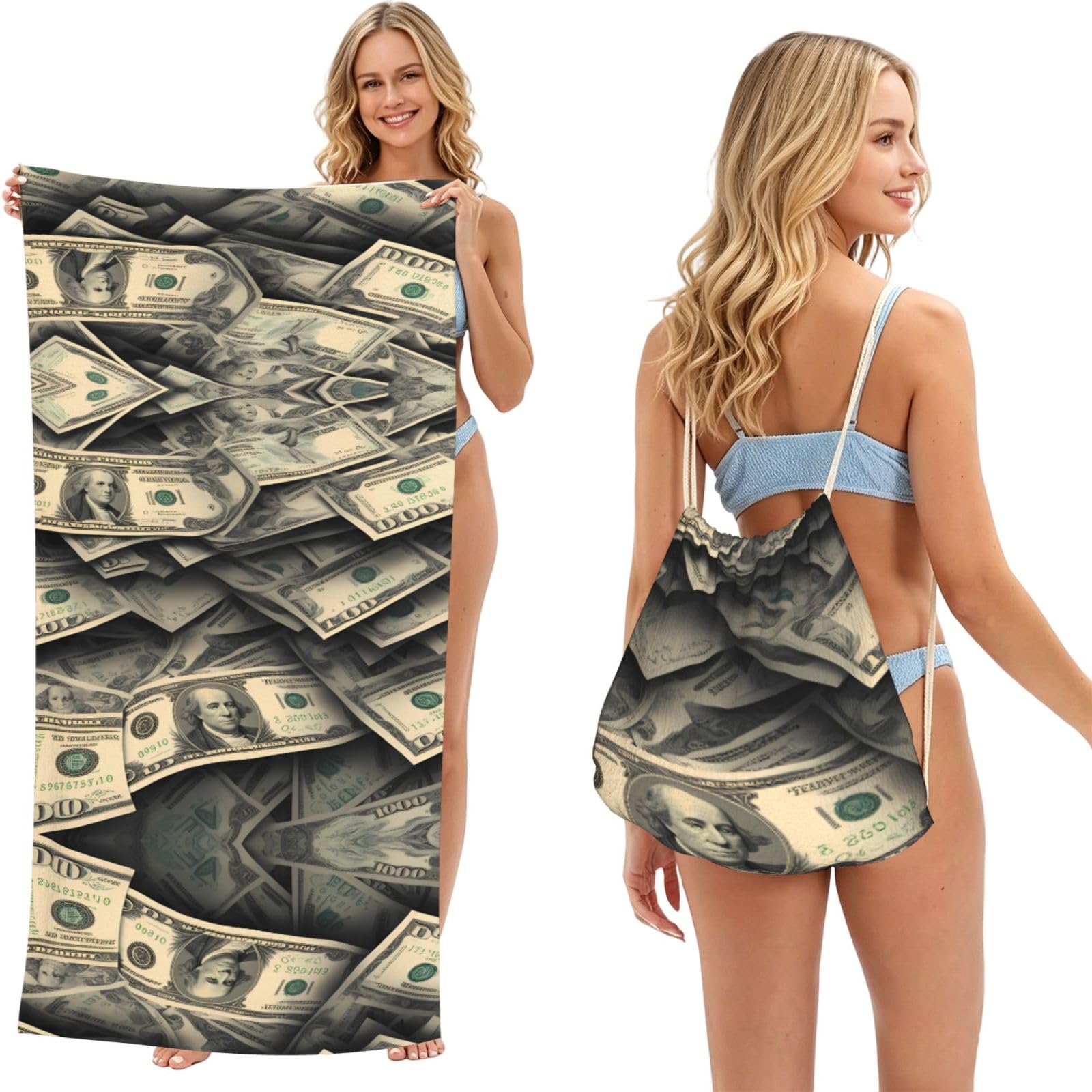 SXZVVBN lots of dollars 2-in-1 Beach Towel Bag, Quick Dry Sand Free Travel Towel Backpack for Adults