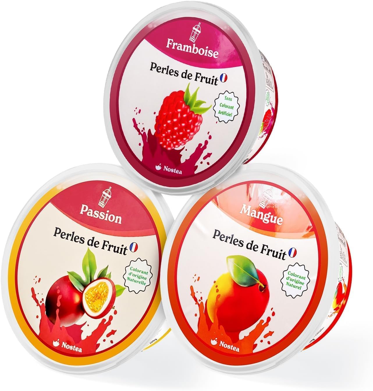 Nostea - Set di 3 vasetti, Perle per Bubble Tea Mango, Passione, Lampone – Popping Boba 100% Vegano, Senza Glutine - Perle al Succo di Frutta per Tè, Bevande - Produzione Francese - 3x 450 gr