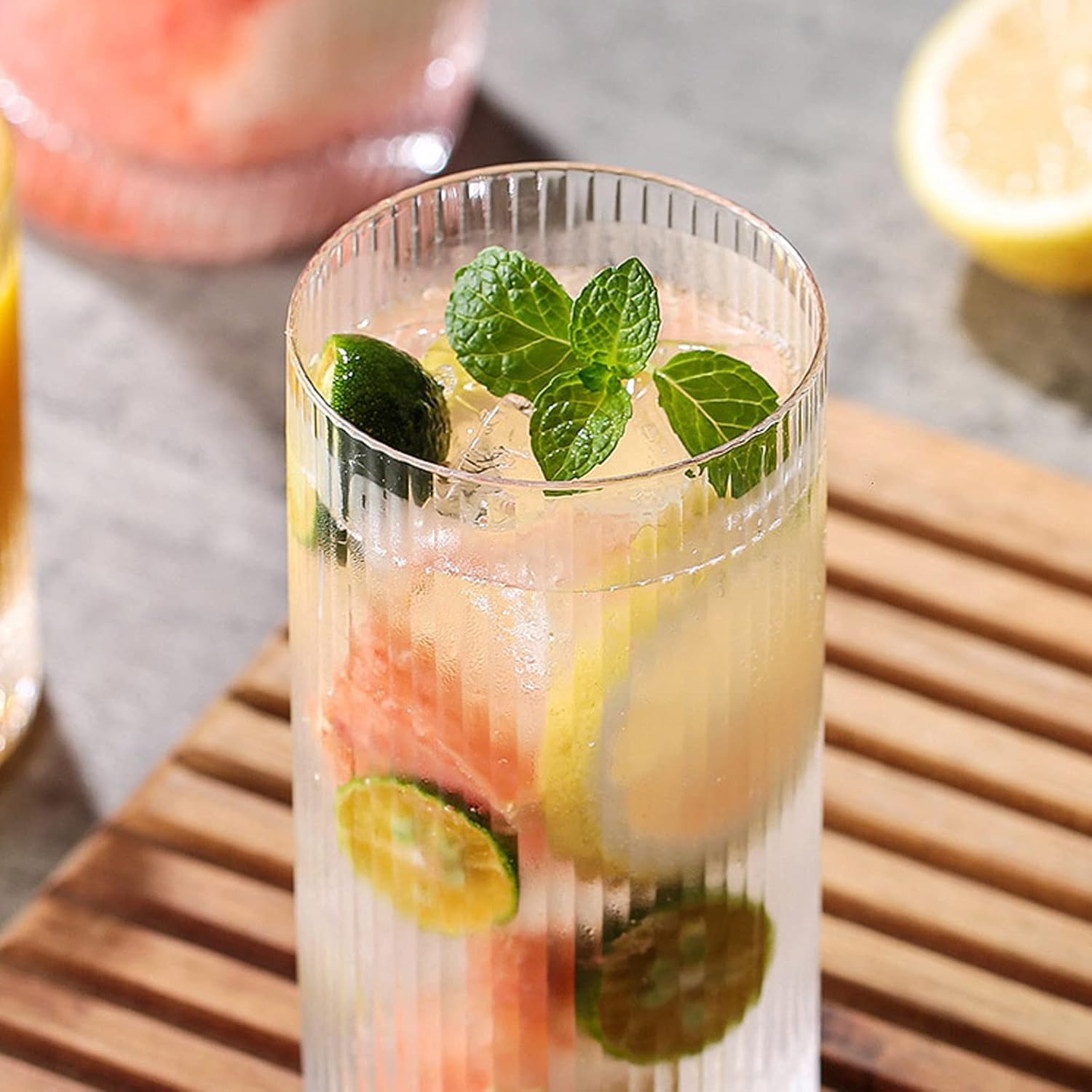 Glass Cups Vintage Glassware Set of 4 Large, Origami Style Transparent Cocktail Glasses Set, Bar Beverages Ice Coffee Cup Juice Ripple Drinkware, Fluted Design - Image 5