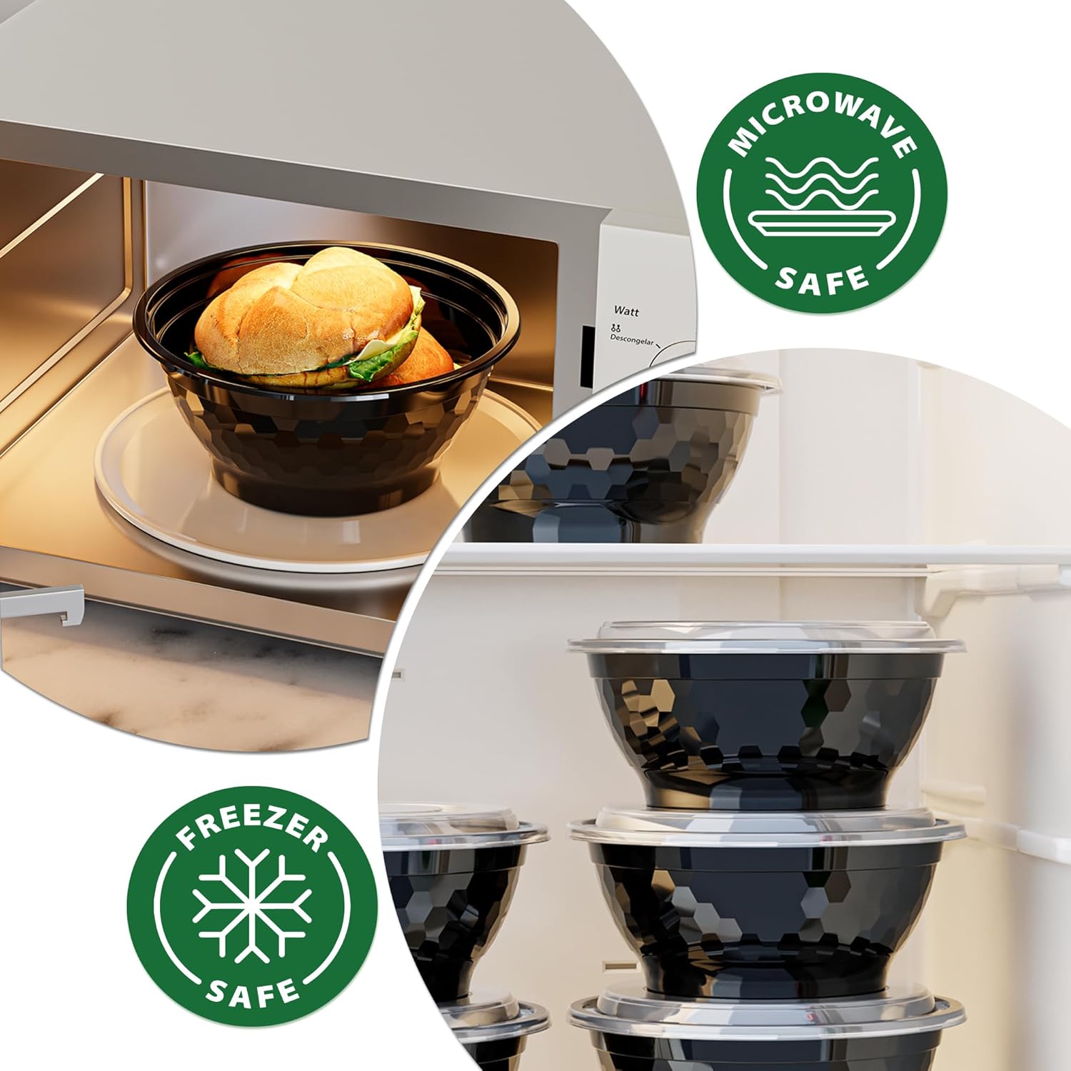 Meal Prep Bowls Containers, 50 Sets 48oz (100-Piece) Plastic Bowls with Lids for Soup Salad, Disposable To Go Food Storage Container, Round Lunch Box, BPA Free, Microwave/Dishwasher/Freezer Safe - Image 4