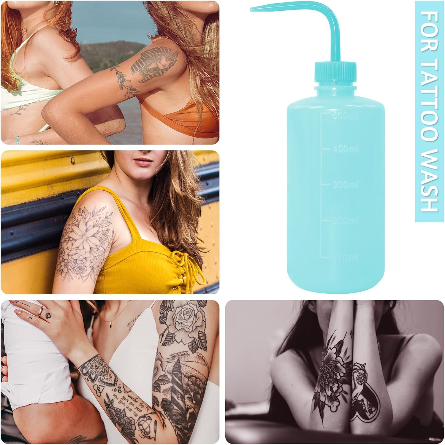 4 Packs Tattoo Wash Bottle Water Squirt Squeeze Diffuser Bottles (Light Blue, 500ml)