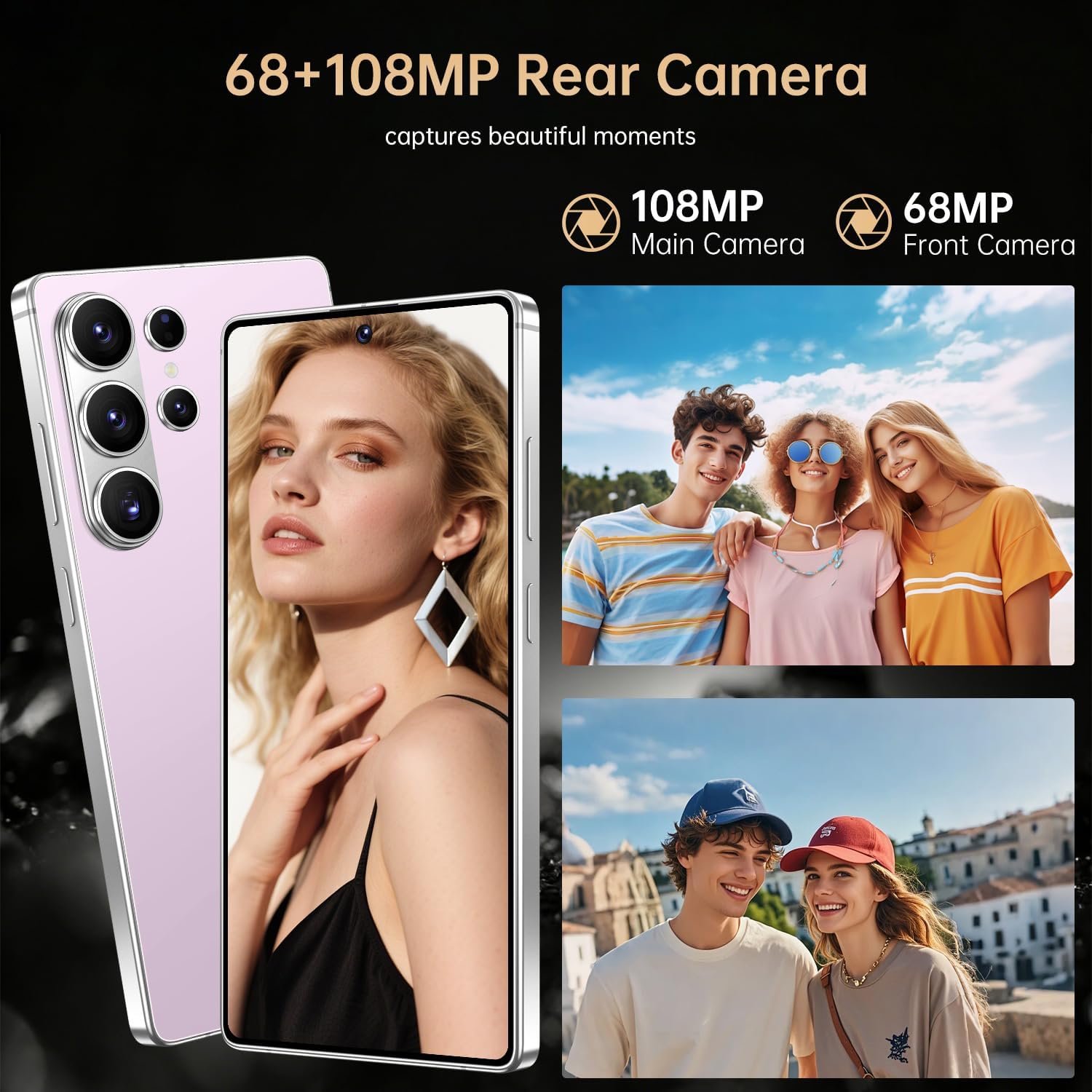 I26 Ultra Unlocked Cell Phone, 6.99” Infinity Edge Display, Android 15, 16GB RAM/1TB ROM, 7000mAh Long-Life Battery, Dual SIM 5G, Smart Stylus Pen, Face Unlock (Pink)