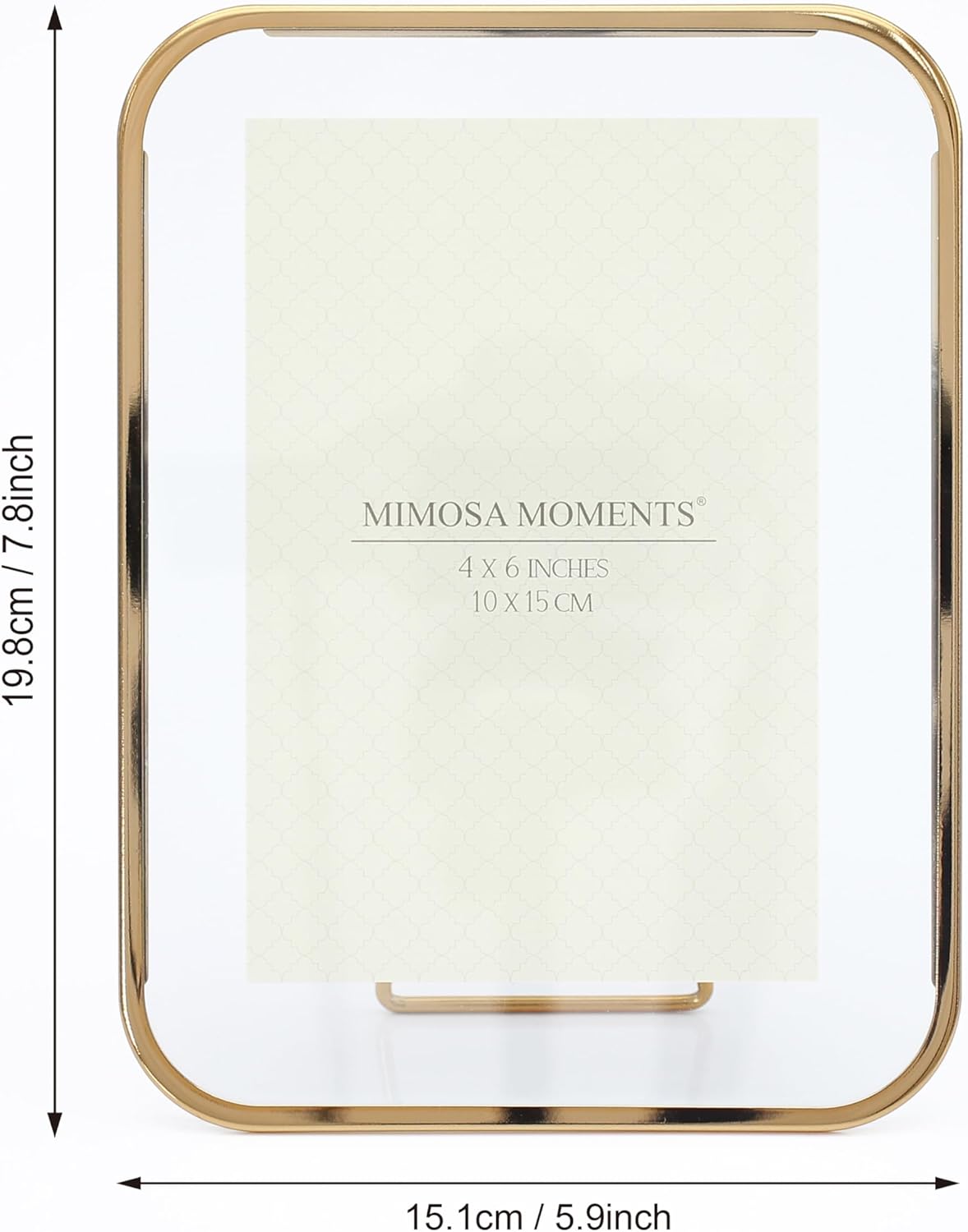 MIMOSA MOMENTS Rounded Corner Floating Picture Frame, 4x6 Brass Metal Photo Frame, Vertical Tabletop Stand with Double Glass for Home & Office Decor