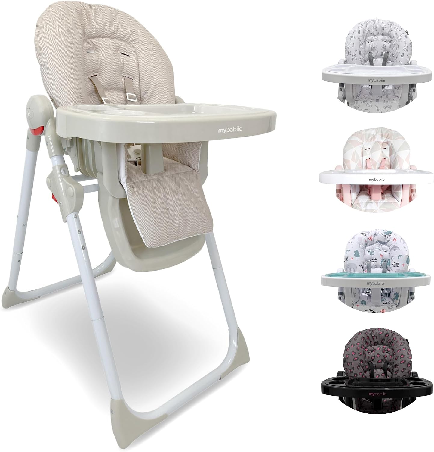 My Babiie MBHC8 highchair in oatmeal fabric with tray attached