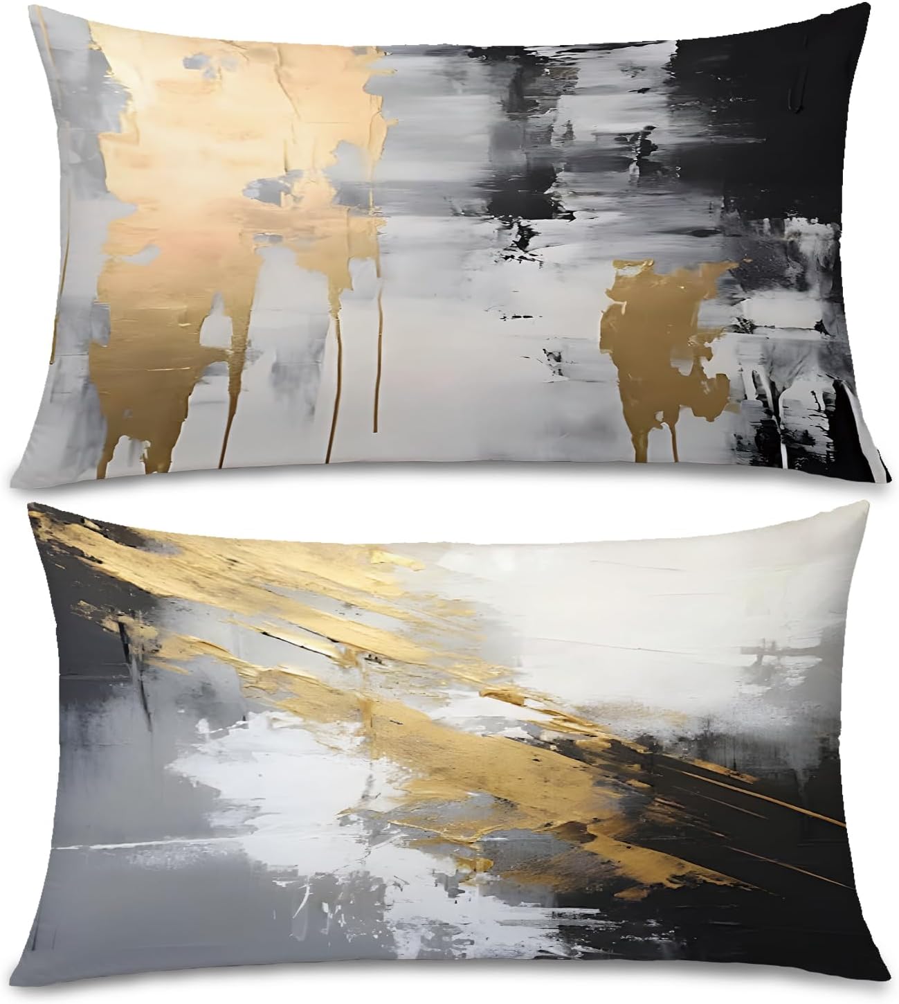 Black and Gold Pillow Covers 12x20 Set of 2, Abstract White Modern Covers for Couch Bed Living Room Black Grey 20" x 12" (Pack of 1)