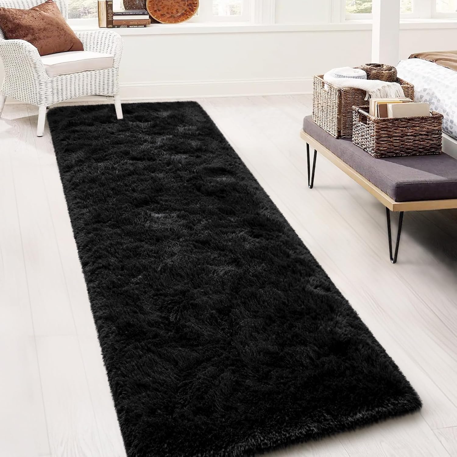 TWINNIS Super Soft Shaggy Runner Rugs Fluffy Carpets, 2x6 Feet, Indoor Modern Plush Area Rugs for Hallway Living Room Bedroom Kitchen Entryway, Upgrade Anti-Skid Rectangular Fuzzy Rug, Black - Image 8