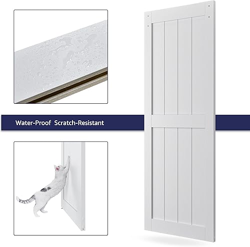 Miniatura 17 de Puerta corrediza de granero MDF de 48 x 80 pulgadas con kit de herrajes para puerta de granero de 8 pies y asa, agujeros preperforados, fácil Blanco