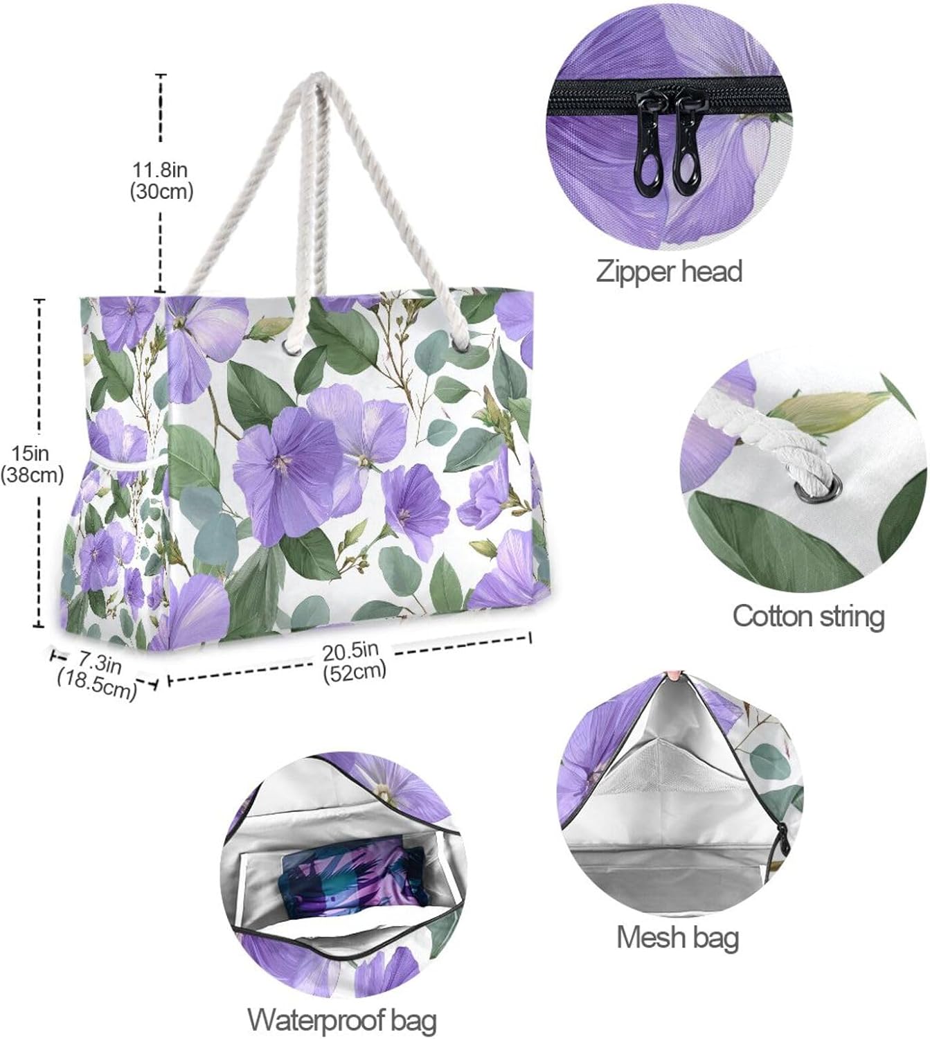OTVEE Purple Periwinkle with Leaves Beach Bags for Women Ladies Large Canvas Tote Shoulder Bag Waterproof Travel Bags for Gym Swim Pool Camping