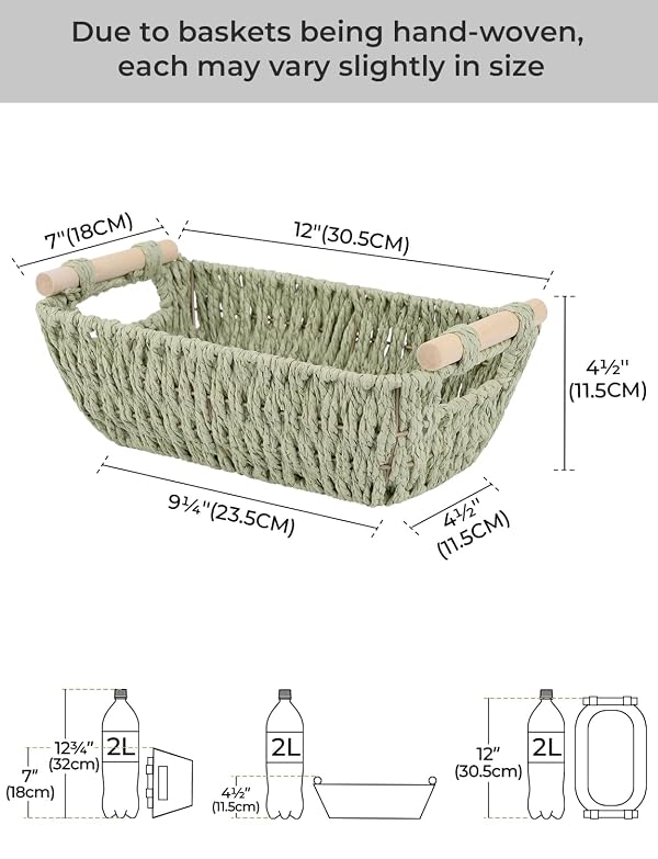 StorageWorks Round Paper Rope Woven Basket with Wooden Handles for Gifts, Small Woven Baskets for Shelf, Bosana Green, 2-Pack by StorageWorks - Image 2