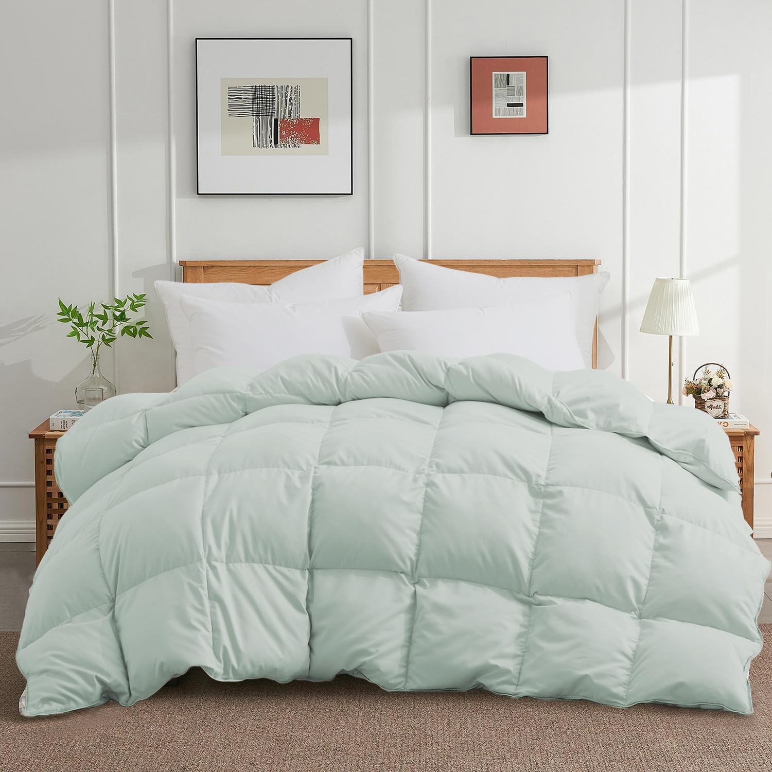 joysoul california king size down comforter - all season ultra soft goose down & feather fiber fill, luxury hotel green duvet insert with corner tabs (108" x 94") green california king