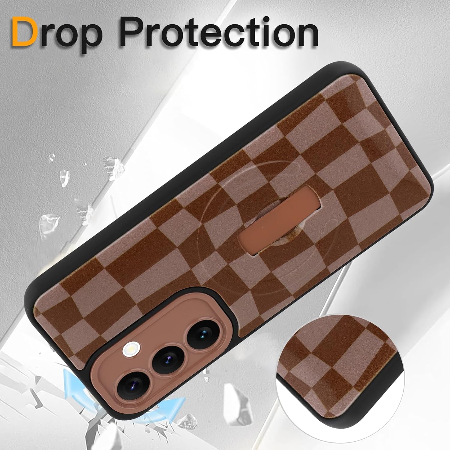 SOKAD Magnetic Checkered Case for Samsung Galaxy S24 with Finger Strap Kickstand, Compatible with Magsafe, Cute Checkerboard Designed for Women Men, Full Camera Protection Cover, Brown