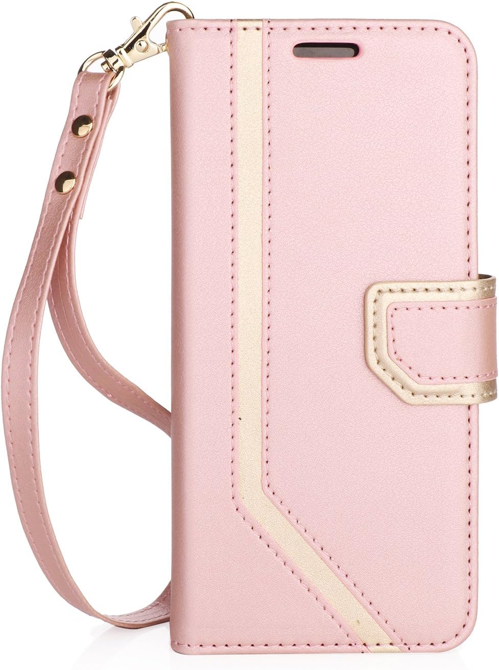 FYY Leather Case with Mirror for Samsung Galaxy S8 Plus, Leather Wallet Flip Folio Case with Mirror and Wrist Strap for Samsung Galaxy S8 Plus Rose Gold