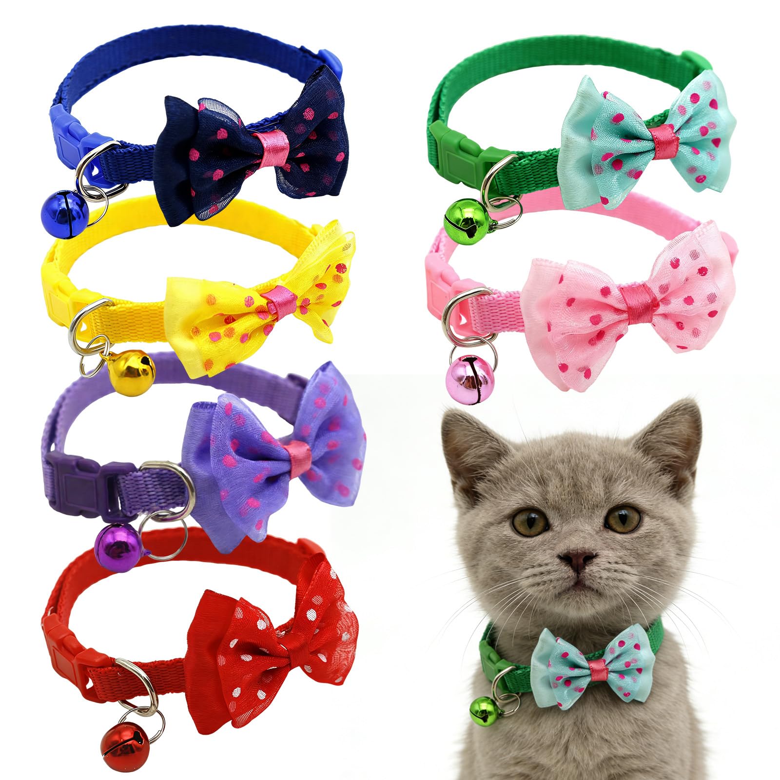 6Pcs Cat Collars with Bow Tie and Bell Quick Release Cat Collar Breakaway Colorful Cat Collars Quick Release Adjustable Collar Reflective Cat Bow Tie Collars for Cats and Small Dogs Pet Supplies