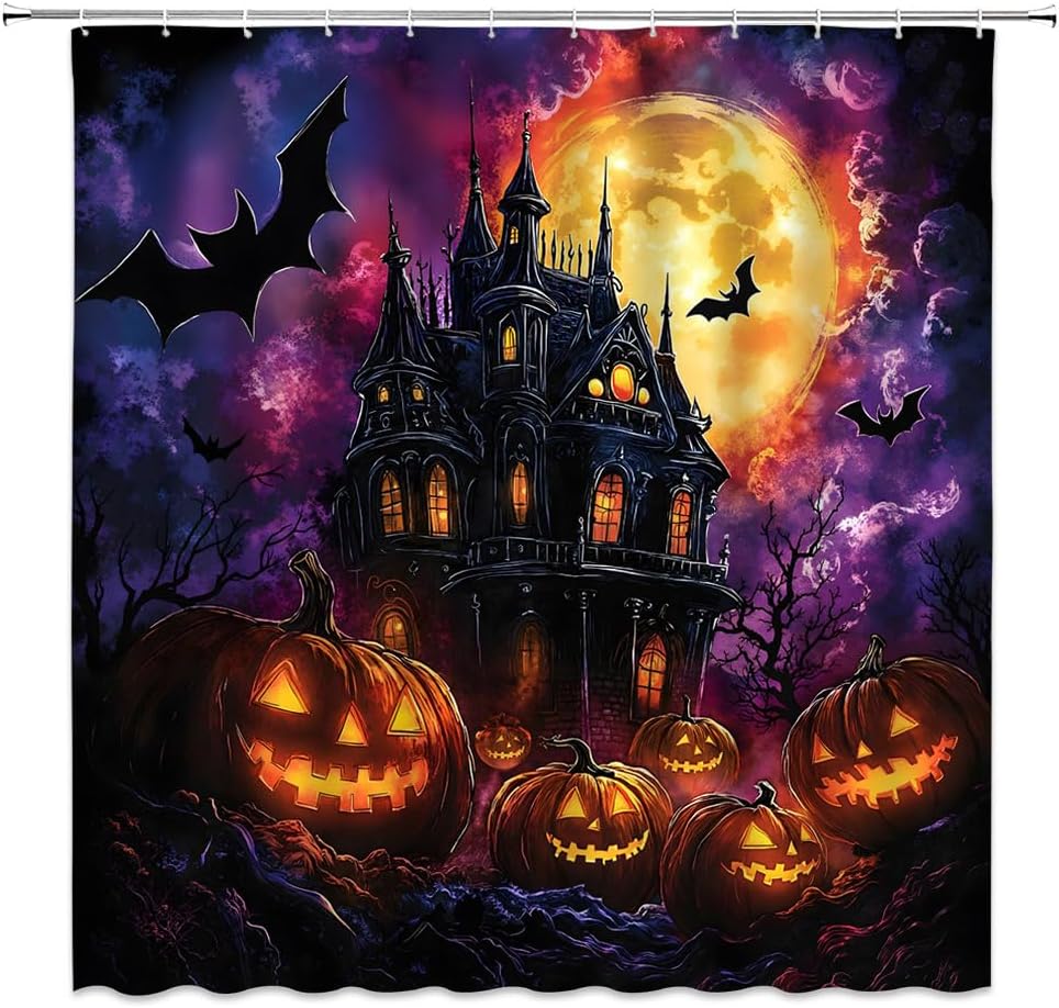 Halloween Castle Shower Curtain Gothic Pumpkin Lantern Bat Magic Fantasy Mysterious Full Moon Scary Purple Spooky Holiday Bathroom Curtain Set Polyester Fabric Hooks 84 X 70 Inch