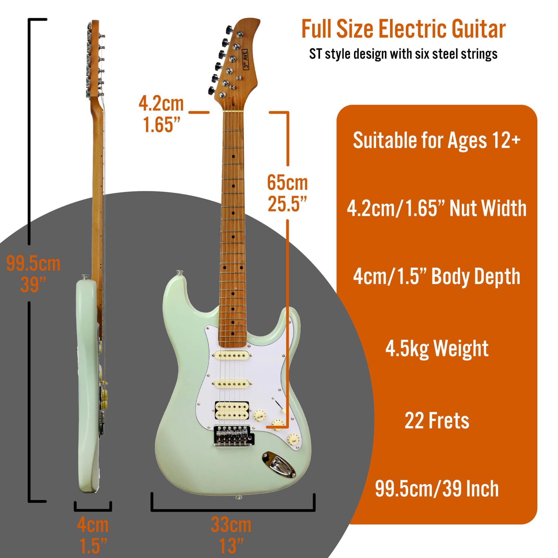 3rd Avenue Stateside Volle Größe 4-4 E-Gitarre Ultimate Kit Mit 5-W-Verstärker, Kabel, Ständer, Gepolsterter Gigbag, Gurt, Plektren – Liberty Green