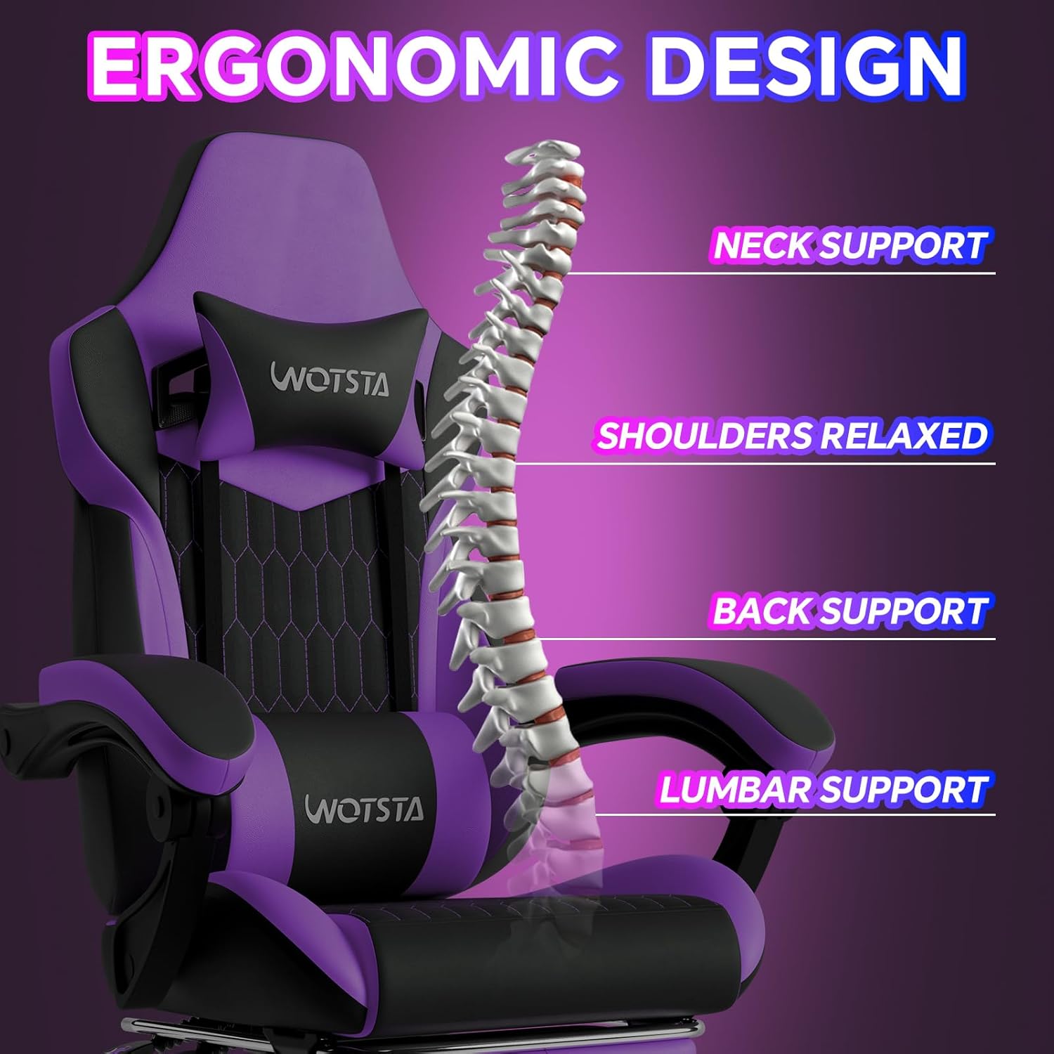 Gaming Chair with Footrest, High Back Gaming Chairs PVC Leather Ergonomic Gamer Chair with Adjustable Headrest Lumbar Support Racing Style Video Gaming Chair for Office/Home (Purple) thumbnail