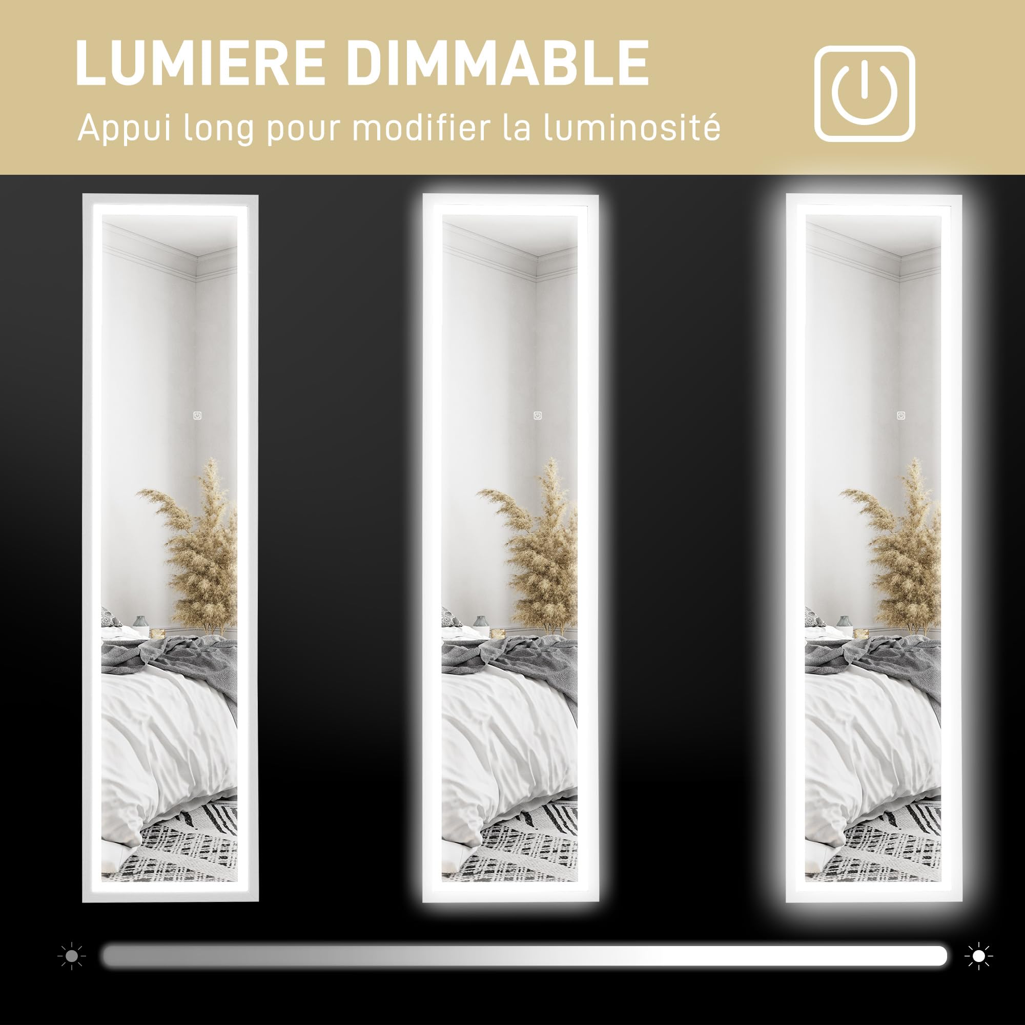 HOMCOM Grand Miroir Pleine Longueur 40 x 160 cm en Verre trempé, éclairage LED 3 Couleurs et Support, Miroir Mural ou sur Pied rectangulaire, pour Chambre à Coucher, Salon et Dressing, Blanc