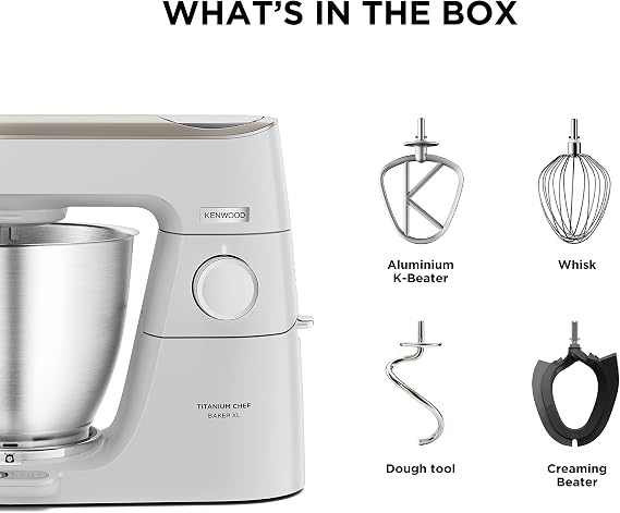 Kenwood Titanium Chef Baker XL, Kitchen Machine with K-Whisk, Stand Mixer with Kneading Hook, Whisk and 5L Bowl, KVL65.001WH, Power 1400W, White