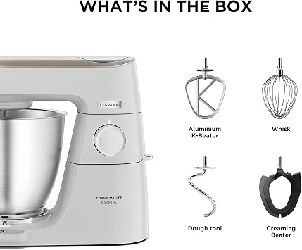 Kenwood Titanium Chef Baker XL, Kitchen Machine with K-Whisk, Stand Mixer with Kneading Hook, Whisk and 5L Bowl, KVL65.001WH, Power 1400W, White