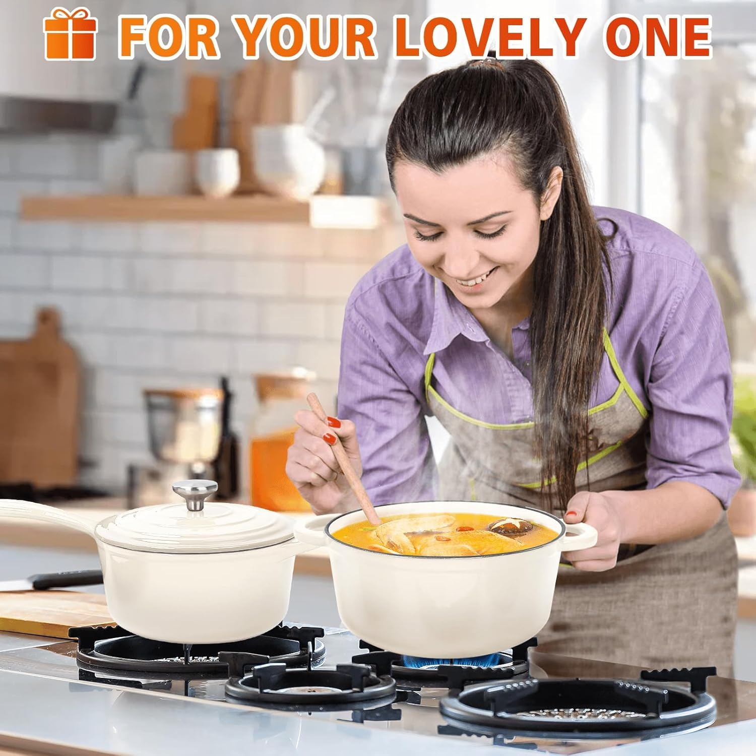 Denmay Set di pentole in ghisa smaltata – Set di 7 pezzi con forno olandese, padella, stufato, pentola per salsa con 3 coperchi, set da forno olandese, adatto per tutti i piani cottura, bianco crema