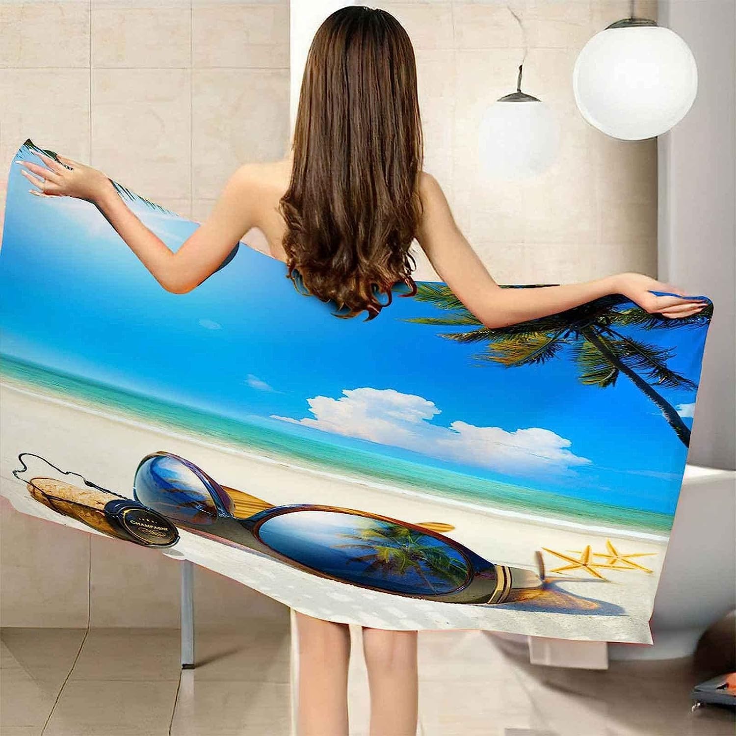 Serviette De Plage 3D Paysage Balnéaire D'Été, Serviette De Bain XXL 200 X 200 Cm Microfibre À Séchage Rapide, Serviettes De Plage Enfant Femme Homme Drap De Plage pour Natation Picnic -1B1R