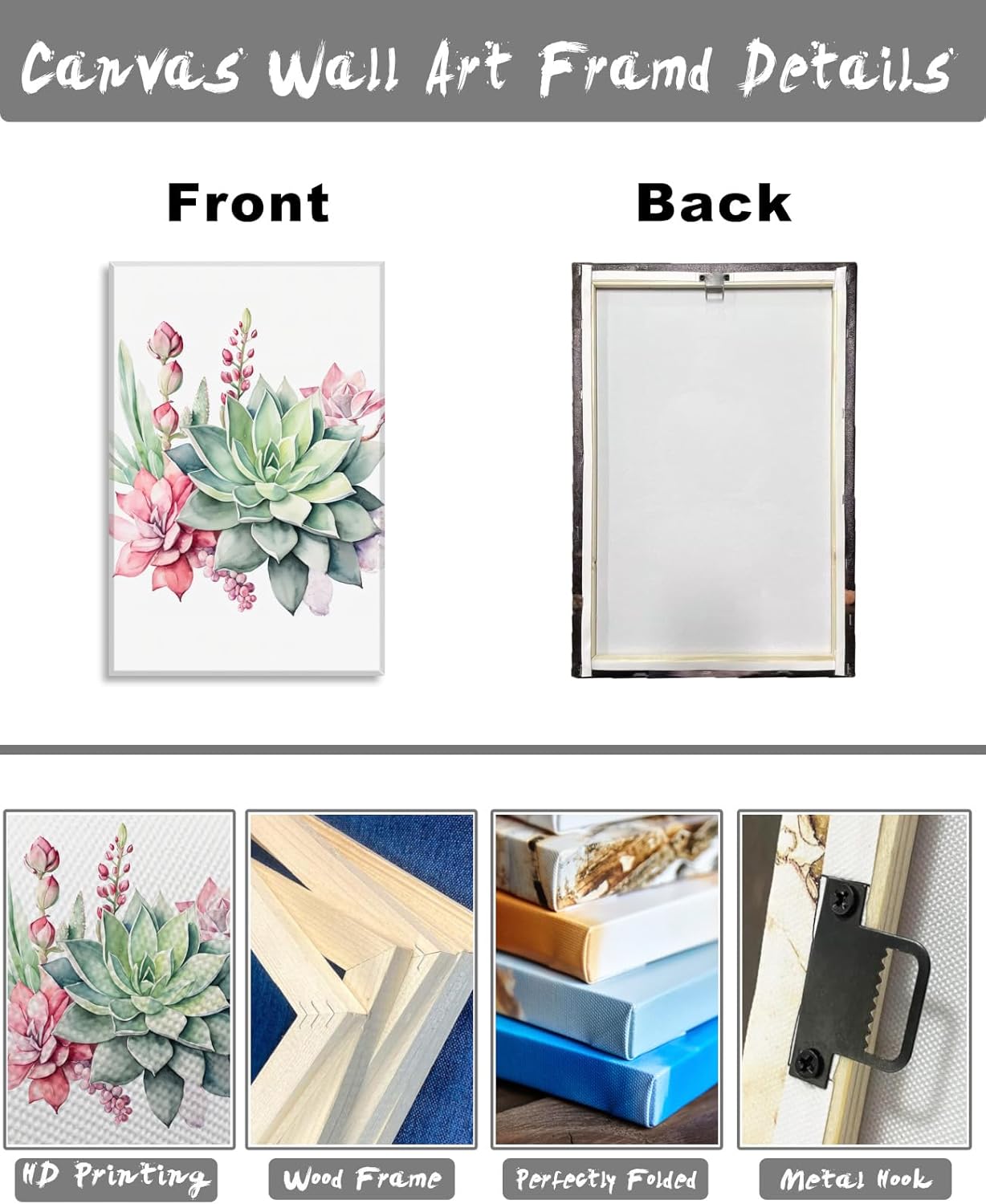 LYUNSHUO Succulent Wall Art Botany Canvas Print Bathroom Decor Green Pink Flower Plant Picture Floral Artwork for Living Room Bedroom Office Home Decor Frame Ready to Hang(Flower-8,16.00"x24.00")