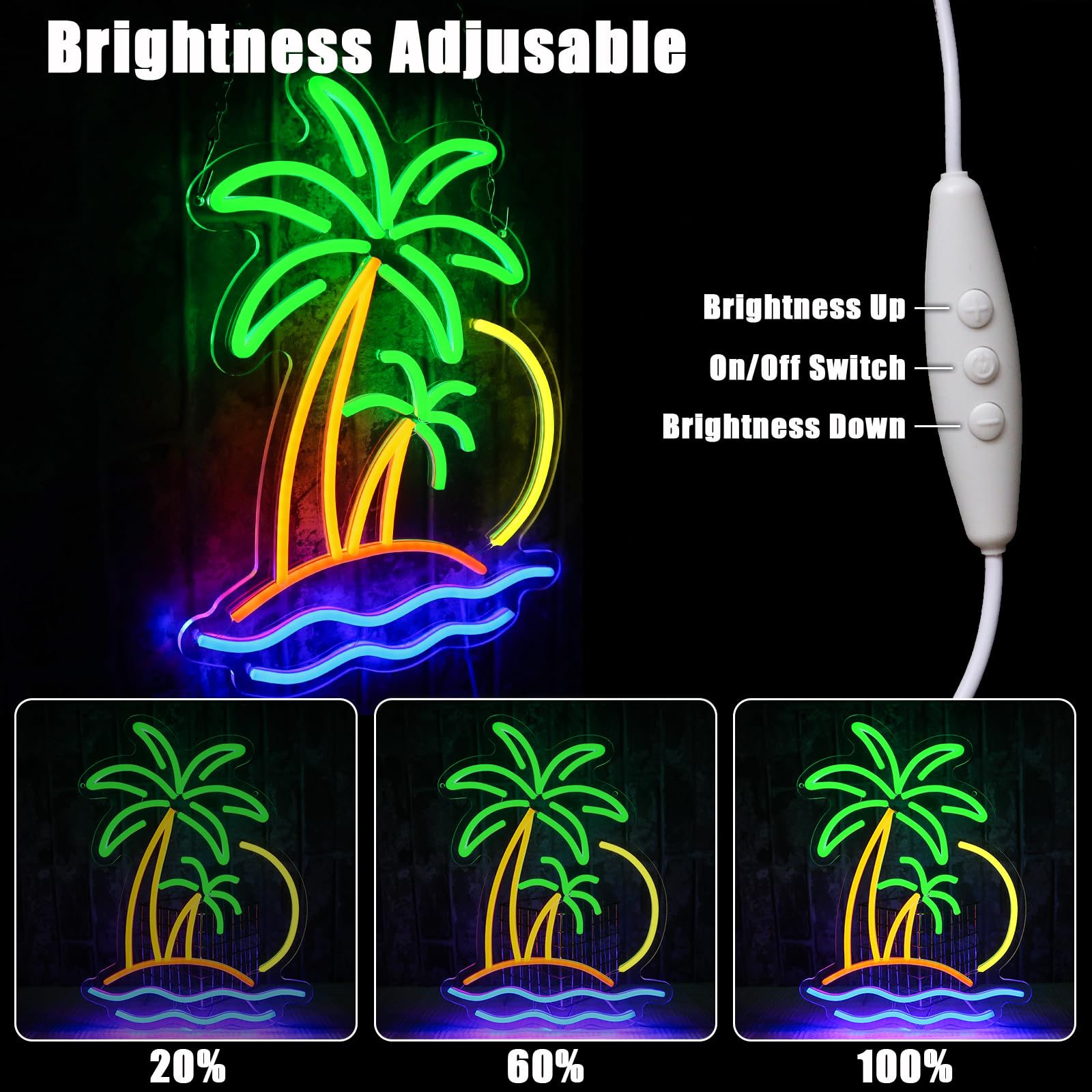 Panneau Tropical Palme Néon Cocotier Néon LED Panneau Mural Plage Surf Néon USB Panneau LED pour Bar à Bière Chambre à Coucher Café Club Professionnel Maison Pub Fête Décorations