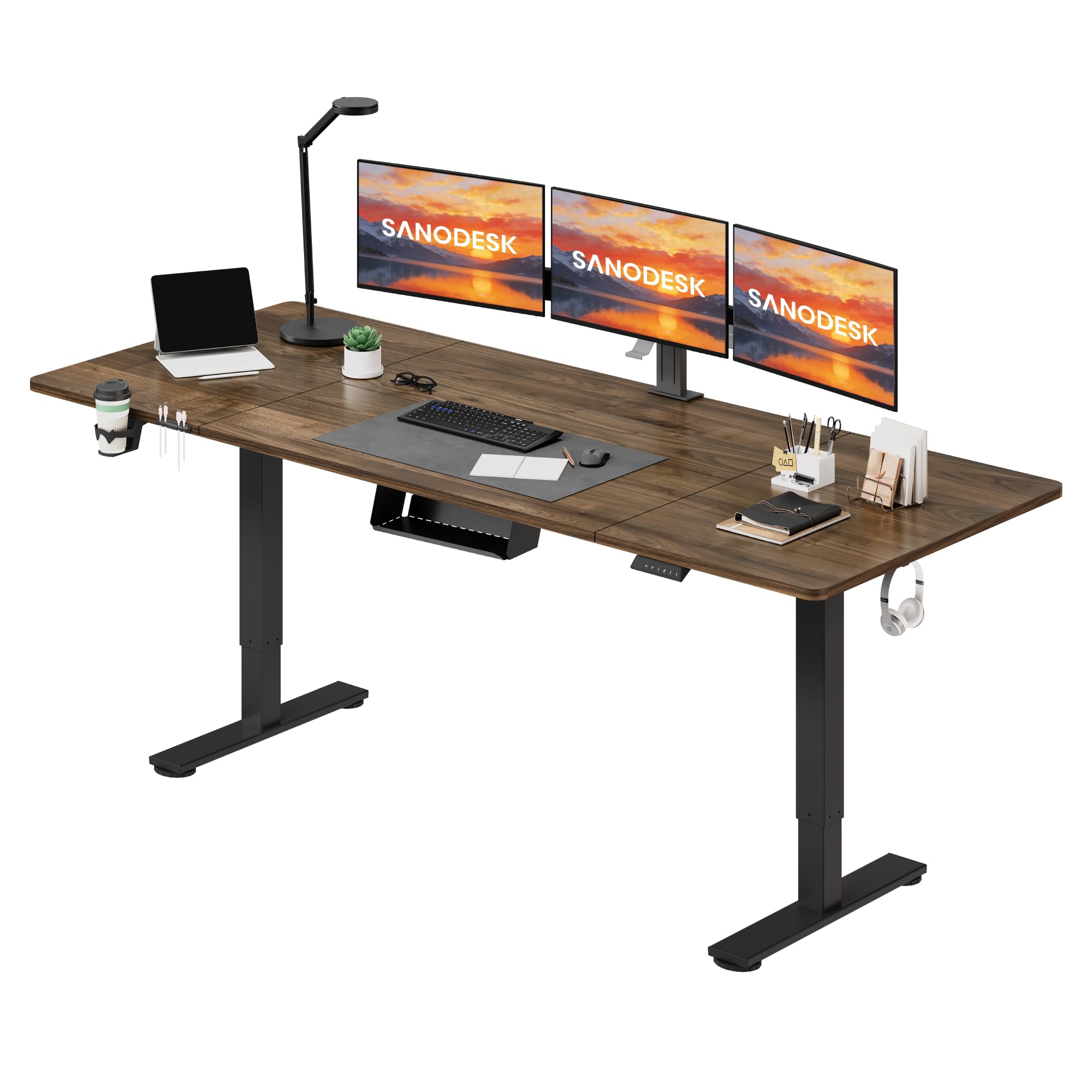 SANODESK Electric Height Adjustable Standing Desk 200 * 80cm With Cable Management and Under Desk Storage Adjustable Desk 4-Memory Smart Pannel With Hooks&Cupholder (Black Frame+Brown Desktop) — image 1