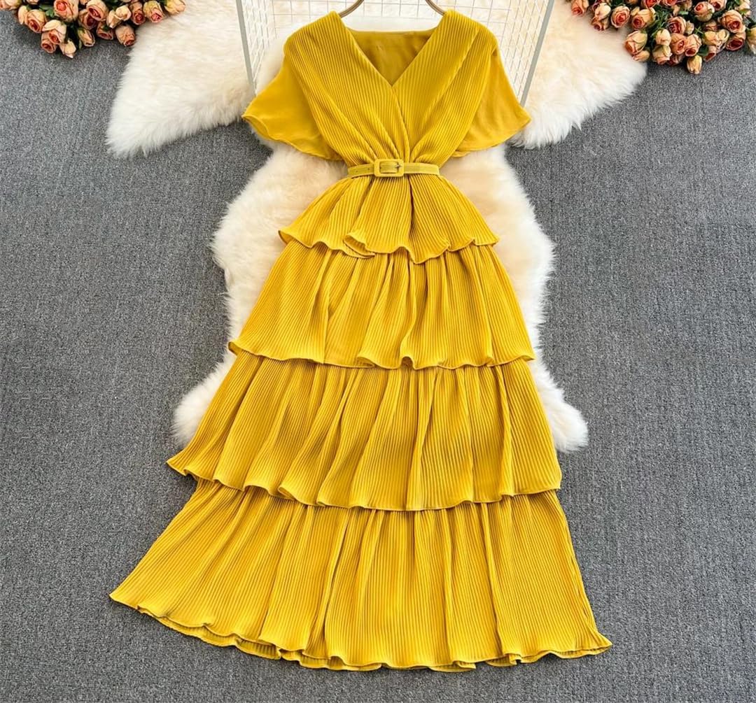 Vestido largo de verano para mujer, cuello en V, manga corta, volantes en cascada, elegante, vestido de fiesta de cumpleaños para boda