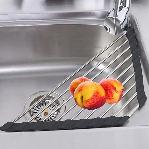 Miniatura 5 de Escurridor de platos triangular para fregadero de esquina enrollable, plegable, de acero inoxidable, multiusos, para colocar sobre el fregadero,