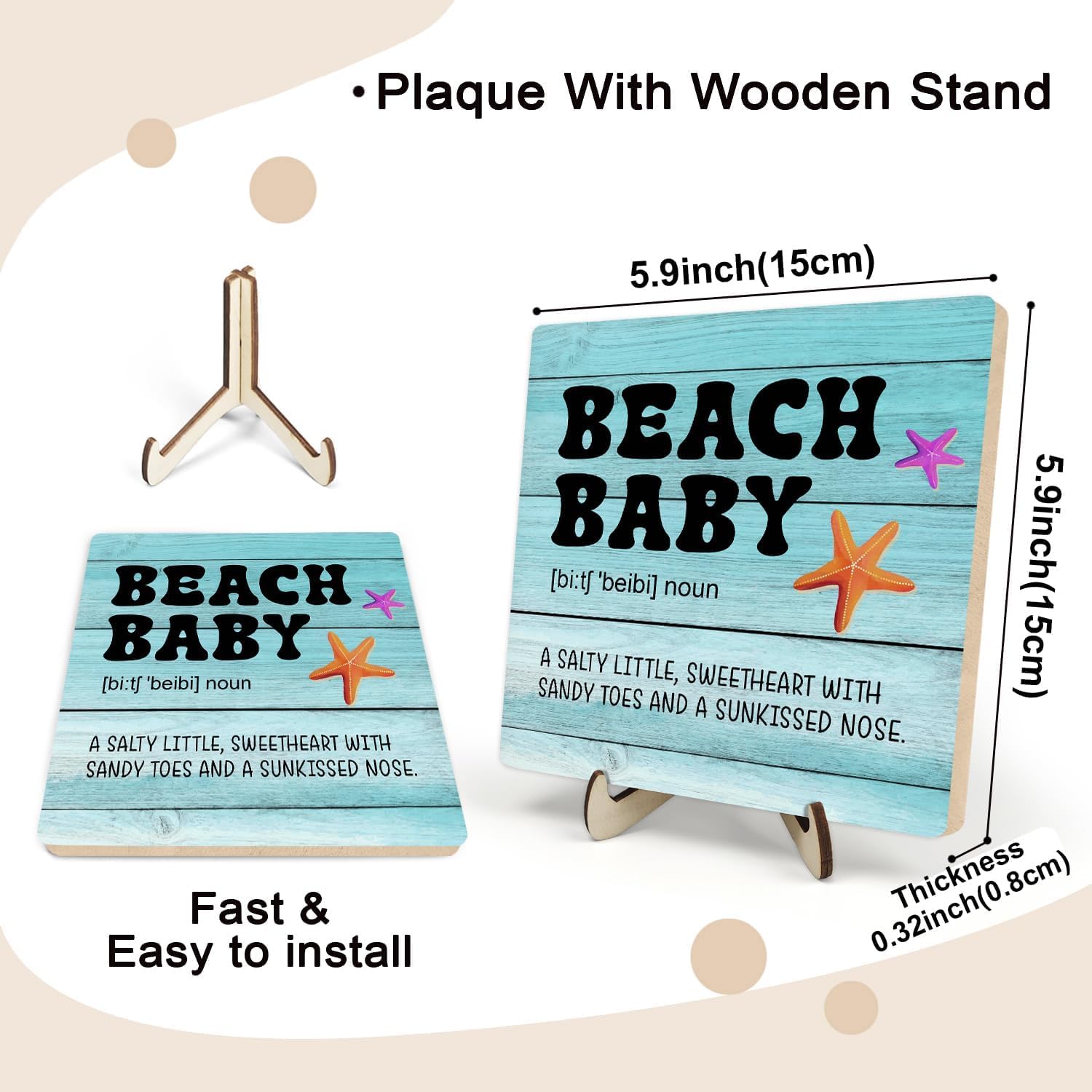 Blue Beach Baby Wooden Sign,Baby Shower Wood Plaque With A Support Frame,Farmhouse Wood Plaque Tabletop Decor,Tabletop Decor for Bathroom Shelf Desk Summer Home Decor&Accessories 5.9x5.9Inch image 2