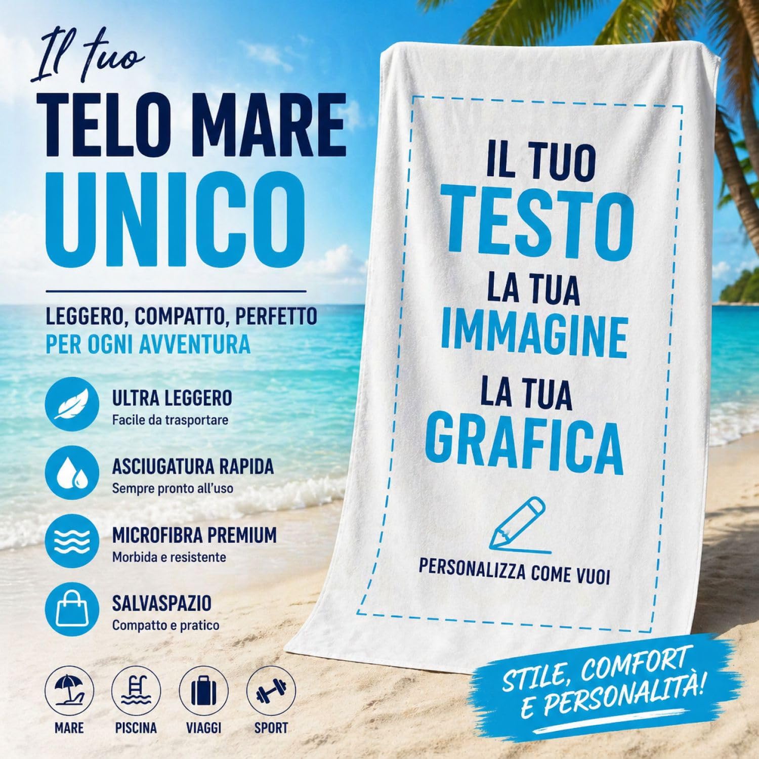 Telo Mare Personalizzato – Stampa Nome o Testo | Morbido, Assorbente e Ultra Leggero | Perfetto per Spiaggia, Piscina e Bagno