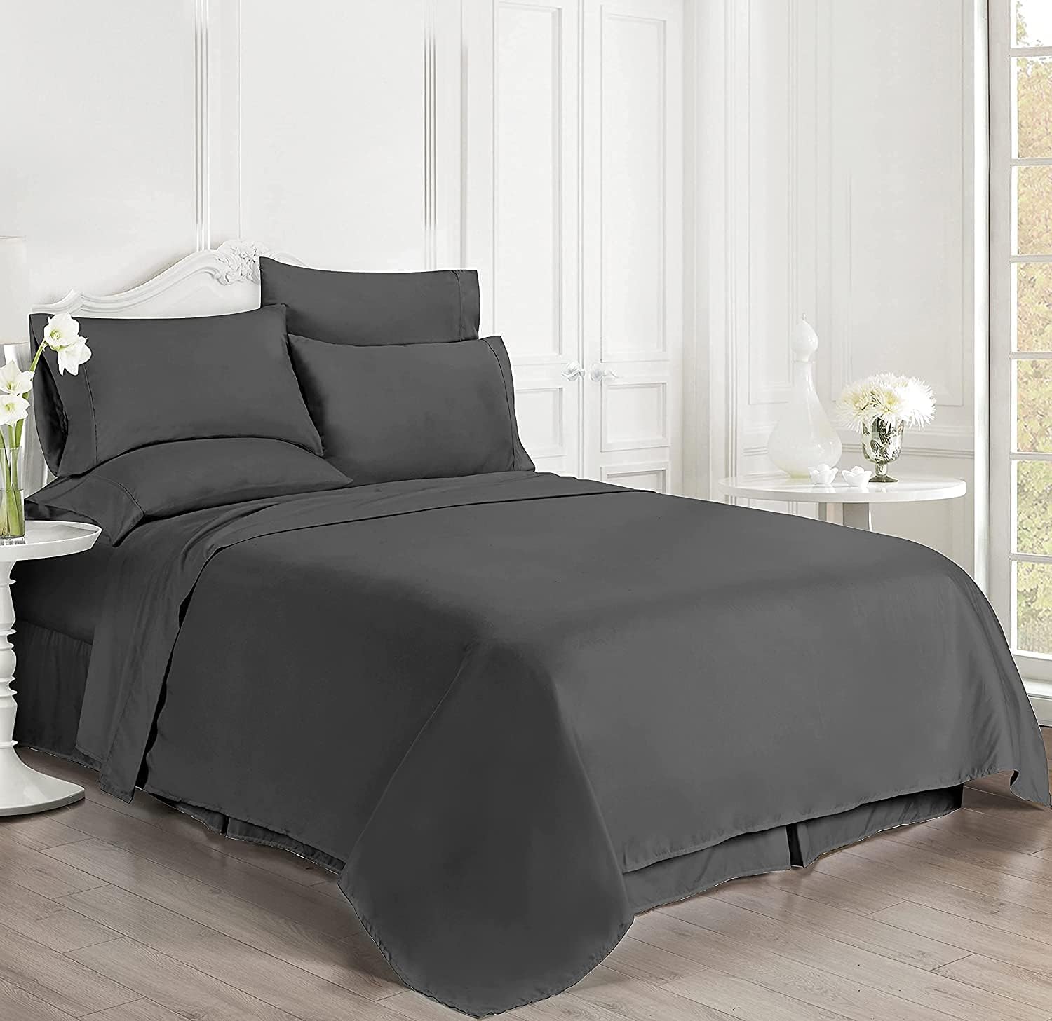 (108x108 inch Bed) Alaskan-King Size 4pc Sheet Set (Upto 15" Deep Pocket) + 1pc Comforter 300GSM Fiber Fill Luxury 1200 Thread Count 100% Egyptian Cotton - Elephant Grey Solid