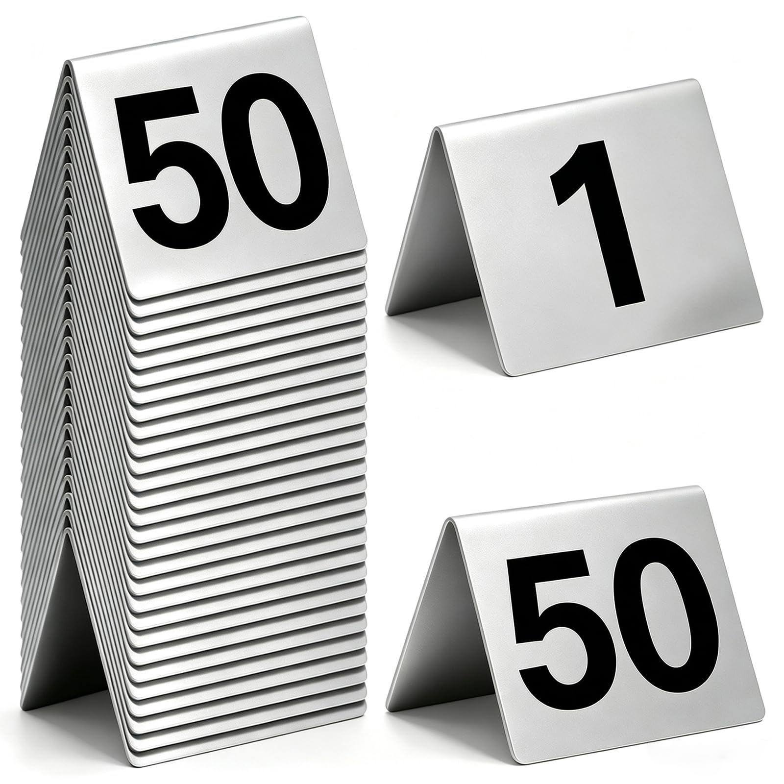 50 sztuk numerów stołów ze stali nierdzewnej 1-50, dwustronne numery stołów, 5 x 5 x 4,5 cm, styl namiotu, stal nierdzewna, plan siedzenia, karty stołowe na wesele, do restauracji, hotelu, kawiarni