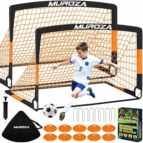 Juego de porterías de fútbol para niños para patio trasero, paquete de 2 redes de fútbol portátiles desplegables con pelota de fútbol, escalera de