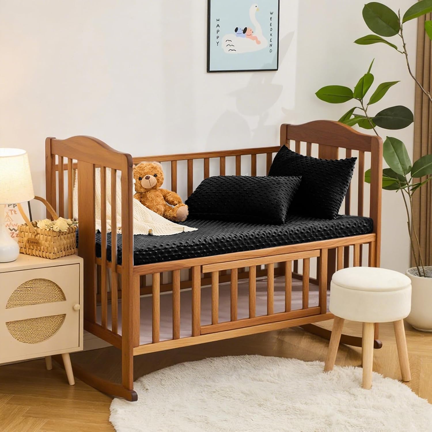 Entisn Pack N Play Sheets Fitted, 26 x 38 Inch Minky Dot Mini Crib Sheet for Boys and Girls, Soft and Warm Fleece Nursery Bedding for Most Mini Crib Mattresses (Black)